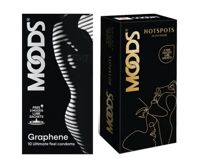 Combo of Moods 10 Pcs Graphene & 10 Pcs Hot Spots 5x Pleasure Condoms with 3 Pcs Free Lube Sachets, Set of 2