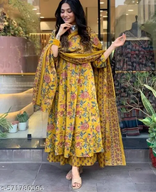 Rayon Printed Kurti with Palazzo & Dupatta Set for Women, Yellow (XS)