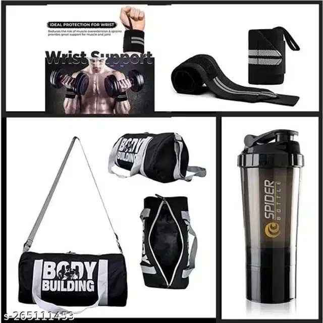 Combo of Gym Bag with Shaker Bottle, 500 ml, Wrist Support Bands, Multicolor, Set of 3