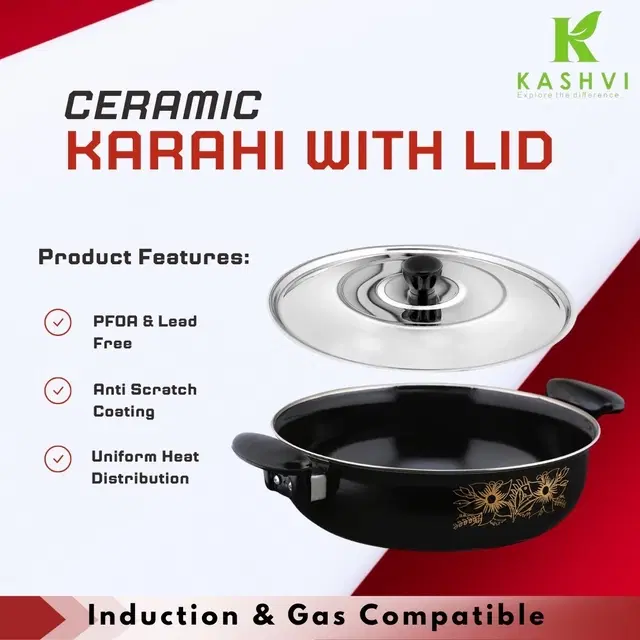 Cast Iron Kadai with Lid, Black & Silver, 28 cm