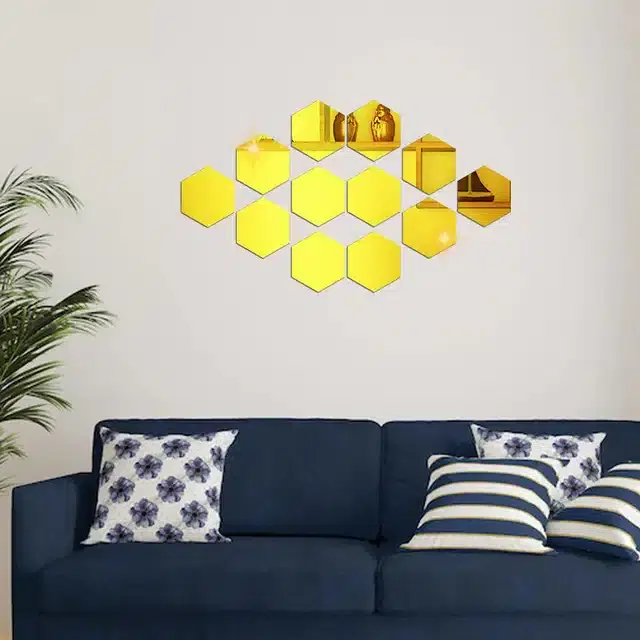Acrylic Hexagon Shaped Wall Mirror Stickers, Gold, Pack of 12