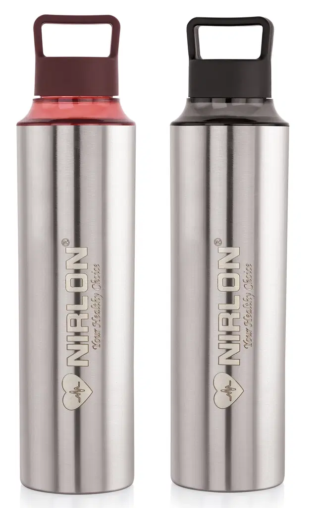 Nirlon Stainless Steel Water Bottles, Silver, 900 ml, Pack of 2