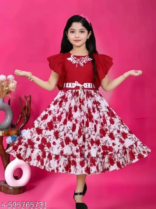 Printed Cotton Fit And Flare Dress for Girls (Red, 6-7 Years)