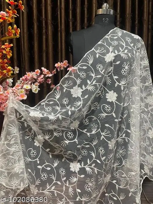 Floral Embroidered Net Dupatta for Women (White, Free Size)