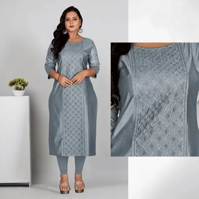 Cotton Silk Embroidered Kurti for Women & Girls, Grey (3XL)