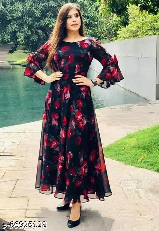 Georgette Dress for Women (Black, M)