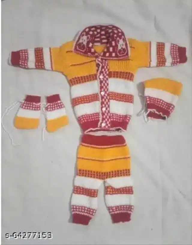 Woolen Sweater & Pant with Socks & Cap for Kids (Multicolor, 3-6 Months)