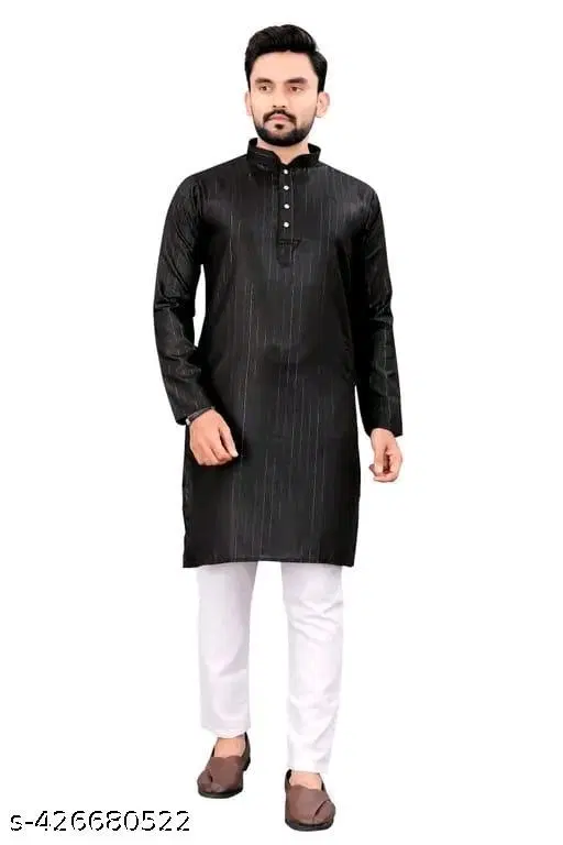 Stripe Show Button Mandarin Neck Kurta for Men (Black, S)