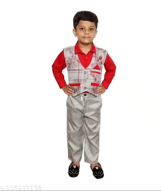 3 Pcs Suit for Boys (Red & Silver, 2-3 Years)