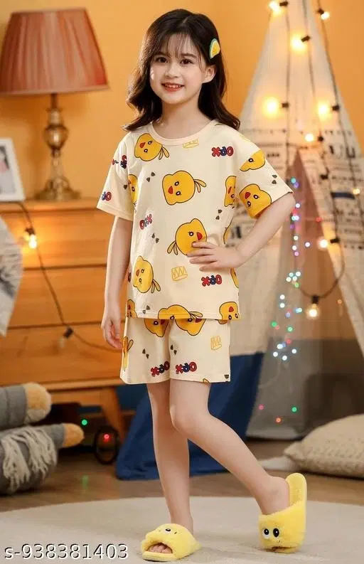 Cotton Blend Night Suit for Girls (Yellow, 3-4 Years)