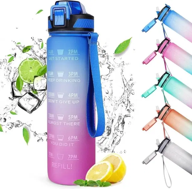 MINDFIT Plastic Water Bottle, 1000 ml, Multicolor with Motivational Time Marker
