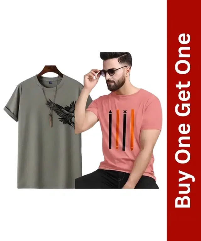 Round Neck T-Shirt for Men, Buy 1 Get 1, Grey & Peach (M)