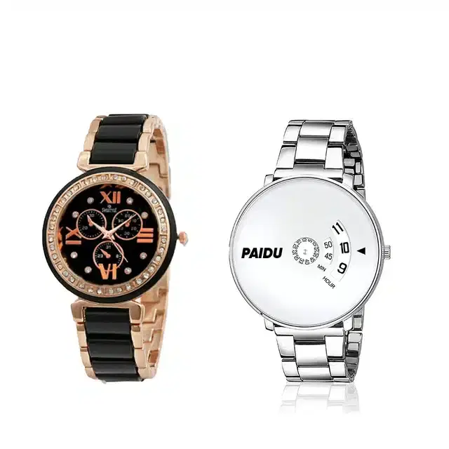 Analog Watch for Men & Women, Pack of 2 (Black & Silver)