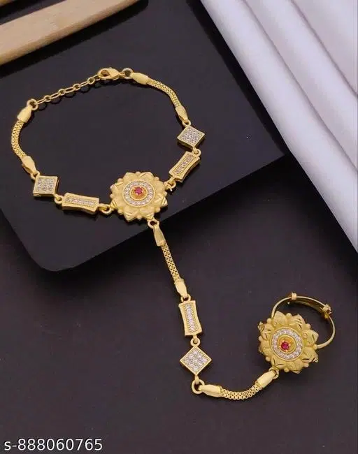 Hathpocha Bracelet with Finger Ring for Women (Gold, Free Size)
