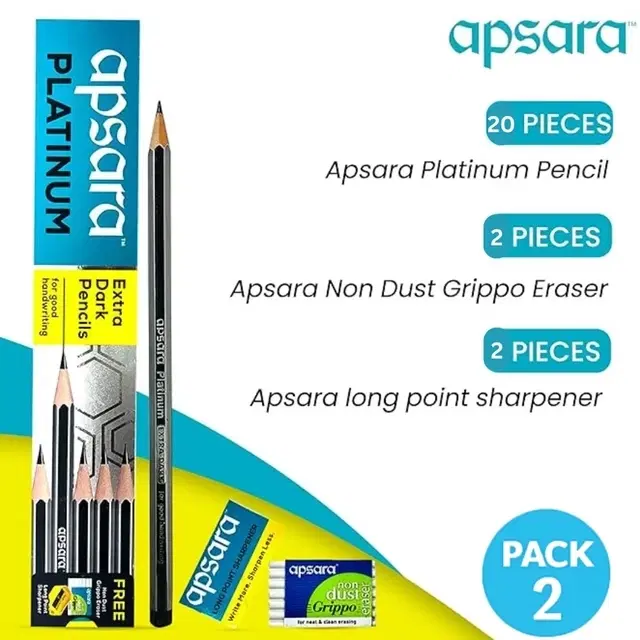 Apsara Platinum Extra Dark 20 Pencils (Pack of 2) Free One Eraser & Sharpner With Each Pack