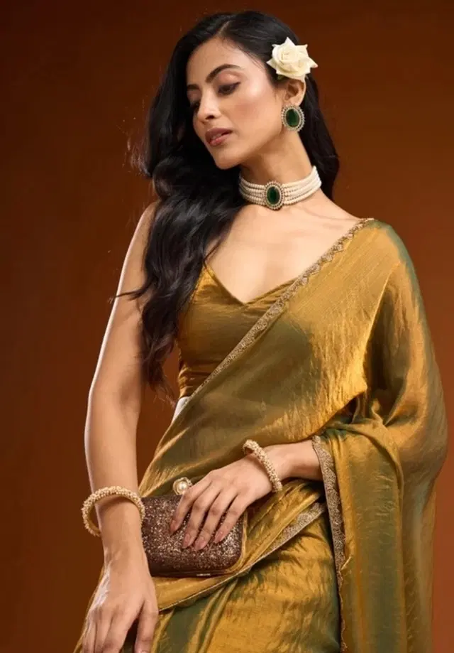 Satin Solid Saree for Women, Gold (6.3 m)