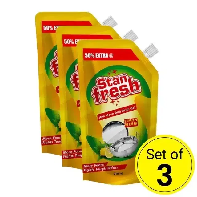 Stanfresh Dish Wash Gel Pouch (Lemon & Neem) 140 ml (Pack of 3)