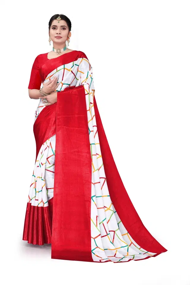 Cotton Silk Abstract Saree for Women (Red & White, 6.3 m)