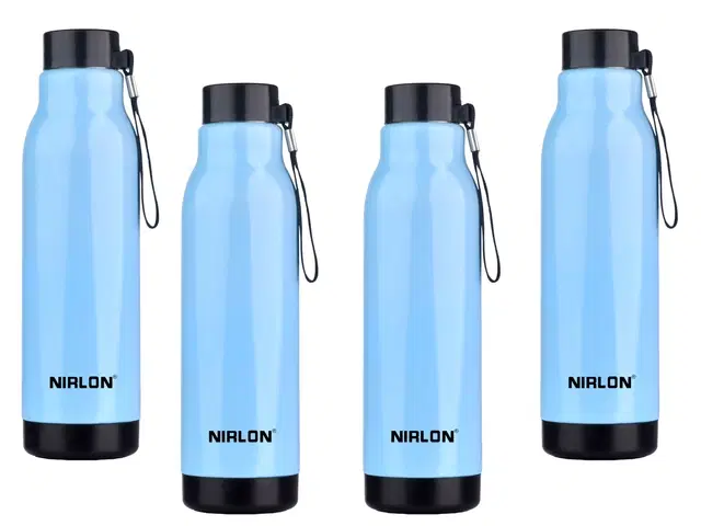 Nirlon Loki Pu Insulated Stainless Steel Inner Side Set Of 4, 480Ml Each Bottle, Break Proof, Leak Proof, Hot & Cold Water Bottle For Home| School | Office | Gym | Hiking | Travel Bottle (Blue)