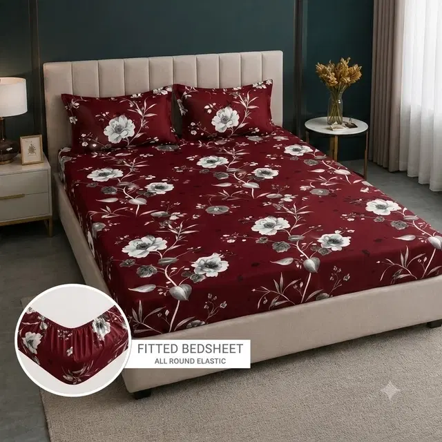 SimpleHome Microfiber Fitted King Bedsheet Floral Maroon 72x78inch