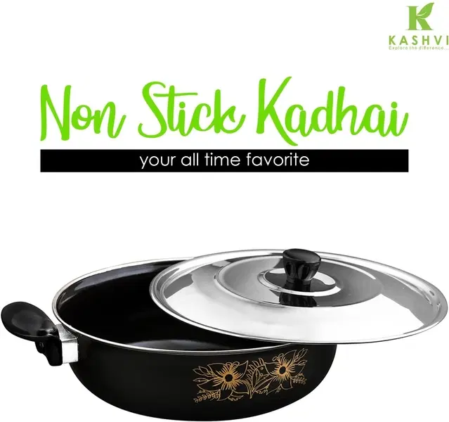 Cast Iron Kadai with Lid, Black & Silver, 28 cm