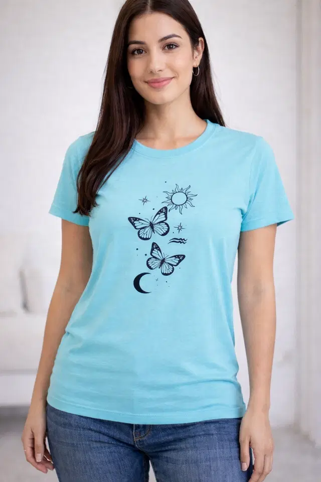 Cotton Blend Printed T-shirt for Men, Aqua Blue (S)