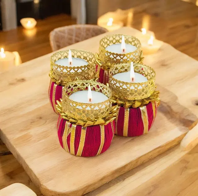 Metal Designer Tealight Candle Holder, Pink, 4x4x5.5 cm, Pack of 4