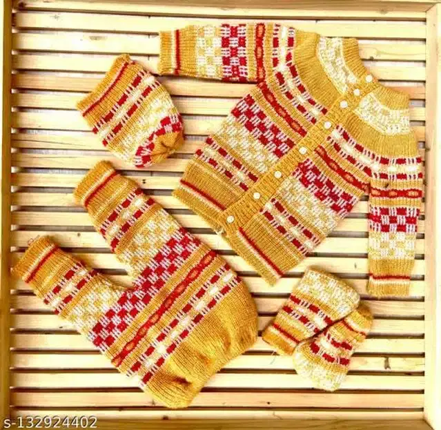 Woolen Sweater with Pajama & Cap with Socks Set for Newborn Baby, Set of 1 (Yellow, 0-6 Months)