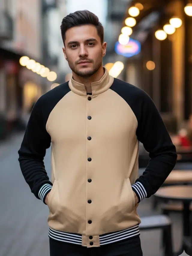 Fleece Solid Jacket For Men, Beige & Black (XL)
