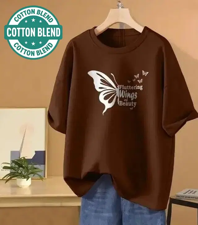 Round Neck Printed T-Shirt for Women, Brown (M)