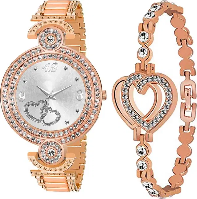 Metal Strap Analog Watch with Bracelet for Women & Girls, Set of 2 (Multicolor)