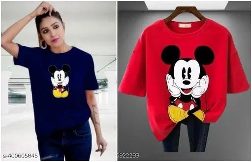 Cotton Printed T-Shirt for Women, Red & Blue, Pack of 2 (S)