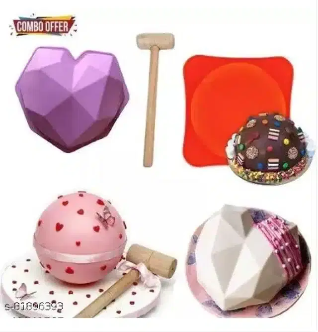 Round & Heart Shaped Cake Mould with Hammer, Pack of 3, Multicolor
