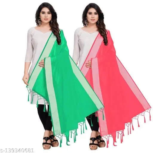 Solid Cotton Silk Dupatta with Tassels for Women, Pack of 2 (Green, One Size)