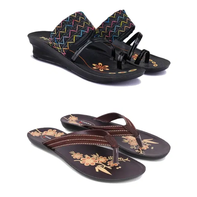 Sandals for Women, Pack of 2 (Black & Brown, 5)