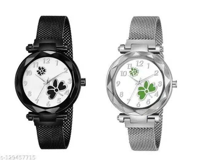 Analog Watch for Women, Pack of 2 (Black & Silver)