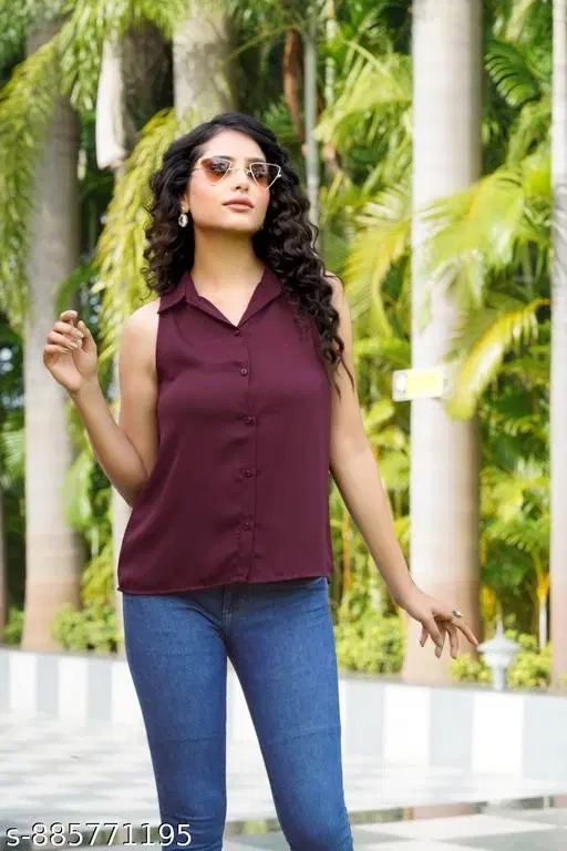 Sleeveless Cotton Shirt for Women (Wine, XL)