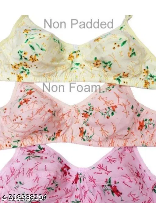 Hosiery Printed Bra for Woman, Multicolour, Pack of 3 (38A)