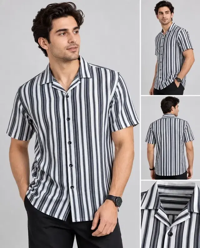 Striped Cotton Blend Shirt for Men (White, L)