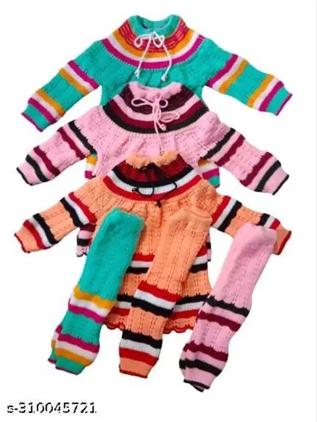 Woolen Sweater & Pant for Girls, Set of 3 (Multicolor, 6-9 Months)