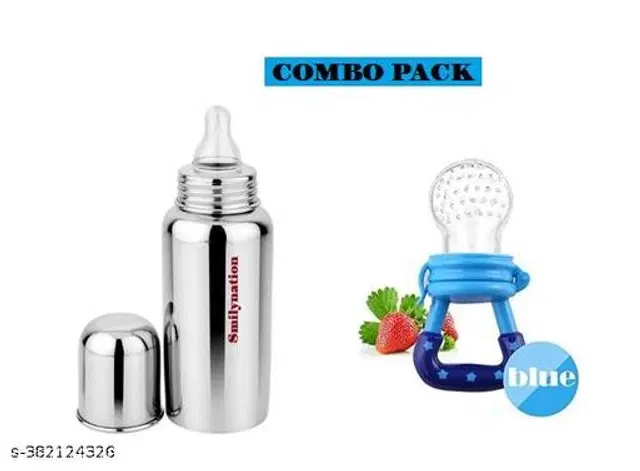 Stainless Steel Milk Bottle, 250 ml with Fruit Feeder for Baby, Multicolor, Set of 2