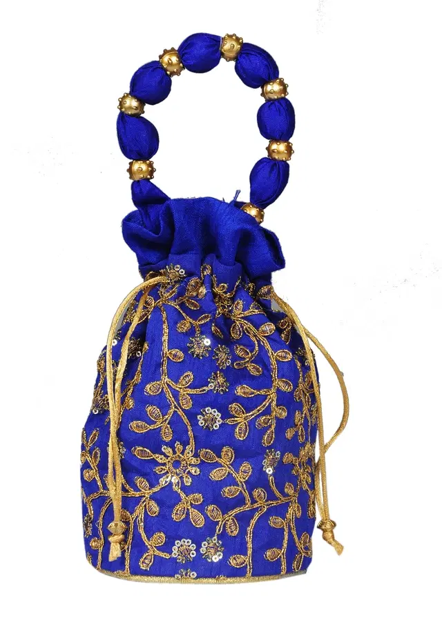 Silk Floral Ethnic Rajasthani Traditional Work Potli with Handle for Return Gifts, Royal Blue