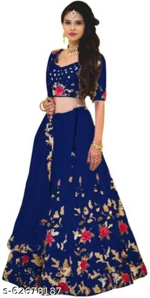 Cotton Blend Lehenga Choli for Women (Navy Blue, Free Size)