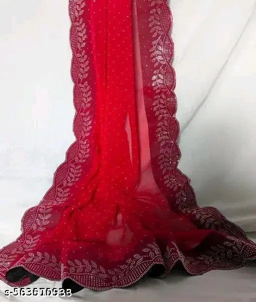 Georgette Solid Saree For Women, Red