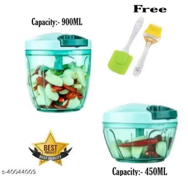 Plastic Manual Chopper with Spatula & Brush, Green, Set of 3