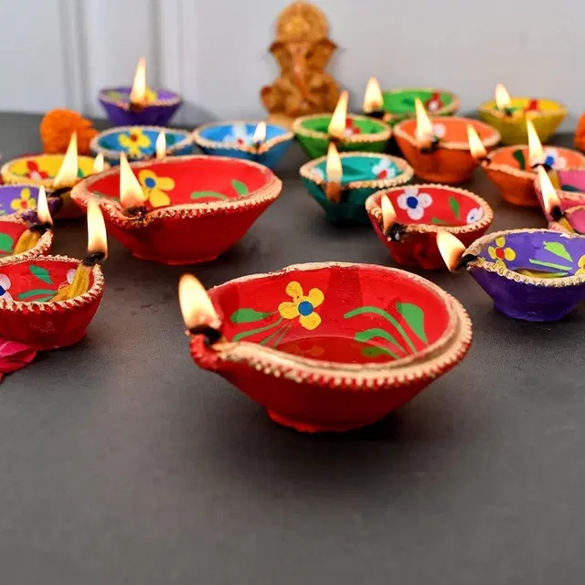 Natural Clay Handcrafted Diya, Multicolor, Pack of 6