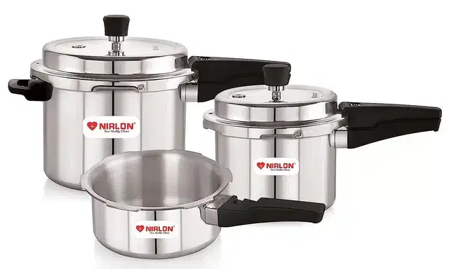 Nirlon Aluminium Pressure Cookers with Lid, 5 L & with Common Lid, 3 L & 2 L, Silver & Black, Set of 3