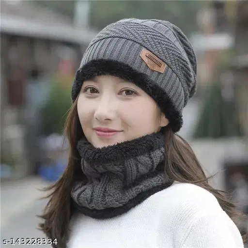 Woolen Cap with Neck Warmer for Women, Set of 1 (Multicolor)