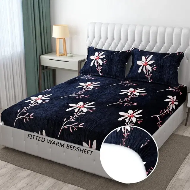 Fleece Floral Fitted Bedsheets with Two Pillow Covers, Navy Blue, 78x72x8 Inches
