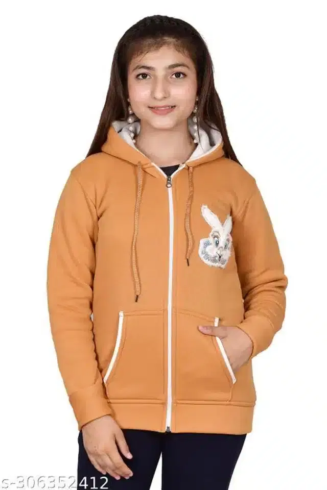 Woolen Full Sleeves Hooded Sweatshirt for Girls (Orange, 10-11 Years)